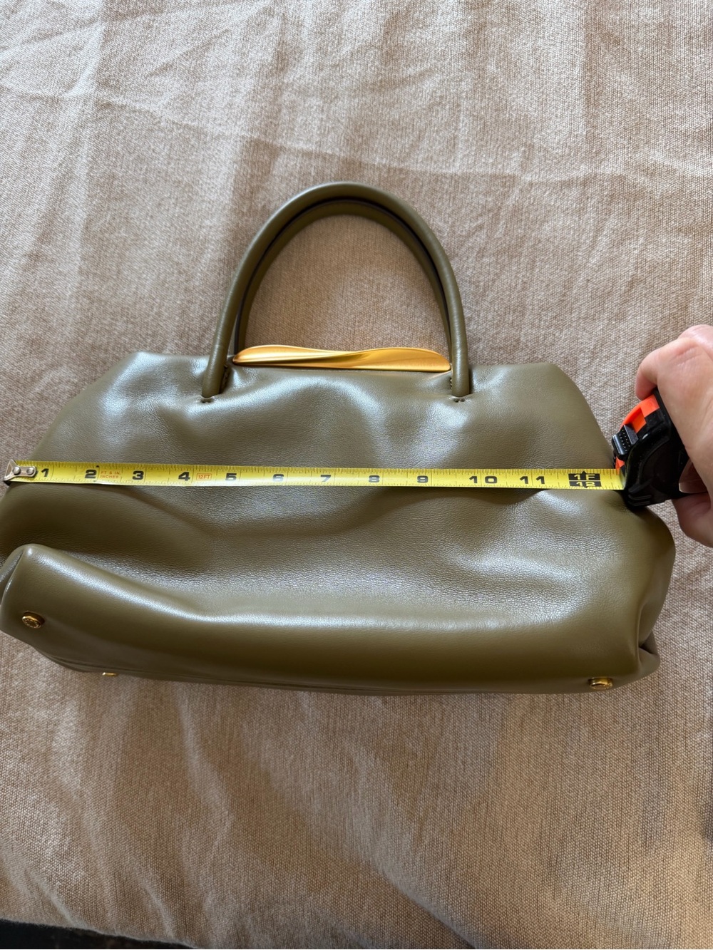 Donna Karan Olive Green Leather Satchel with Gold Accent - Picture 14 of 15